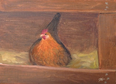Buttercup Hen laying painting.
