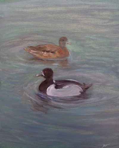 Courtship ducks in water painting.