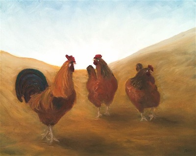Rooster and Two Hens painting.