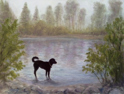 Addies Pond, Black Labradoodle by pond painting.