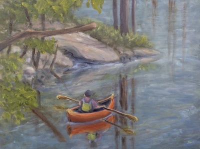 Exploring the Shoreline guy in boat painting.