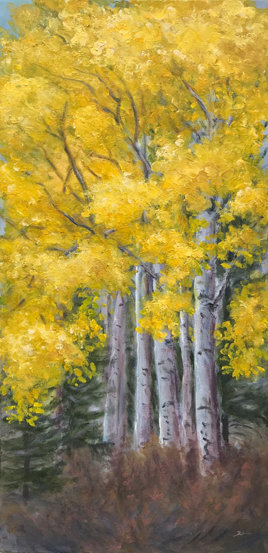 Tall yellow colored Aspen Tree painting.