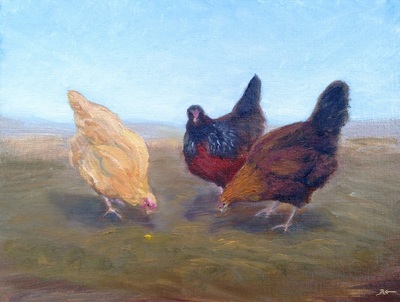 Three Hens and the Kernel of Corn painting.