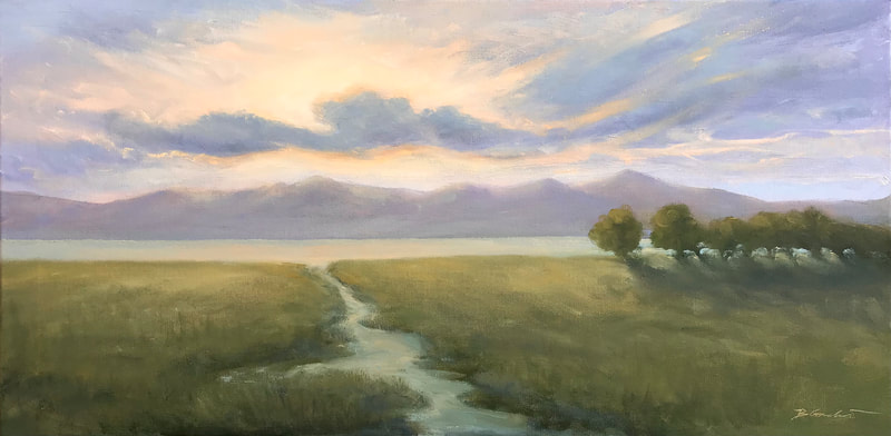 Water Natural, water and sunset clouds Landscape painting. 